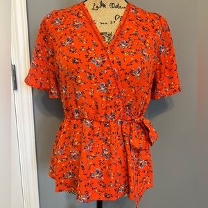 Orange Floral Wrap-Style Top